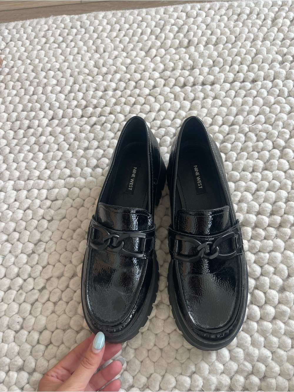 Nine West Black Patent Loafers with Chain Detail